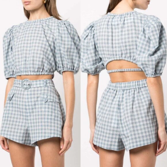 Jonathan Simkhai Co-Ords Two-Piece Set Plaid Puff Sleeves Crop Top & Shorts - Picture 2 of 13